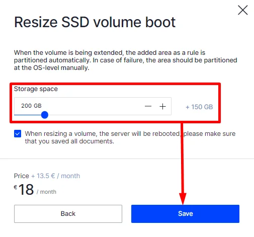 Selecting your desired size of additional disk space.