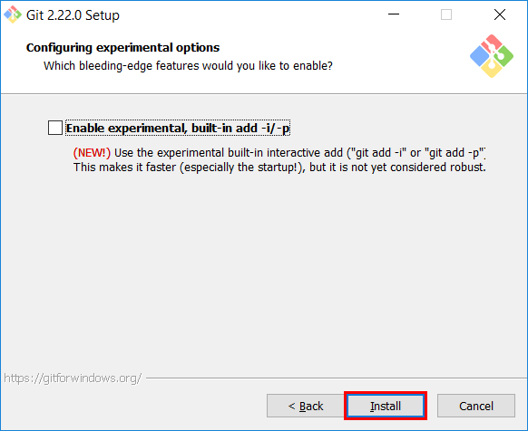 The installer suggests using the experimental option