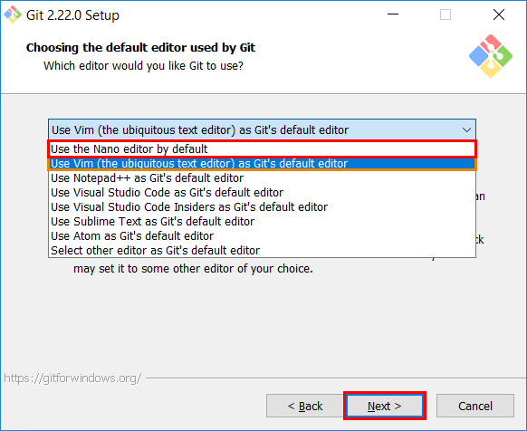 The installer will prompt you to select the default editor for git