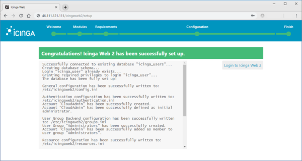 Icinga Web 2 has been successfully configured