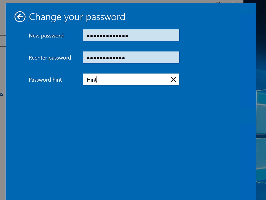 Type new password twicely and choose password hint
