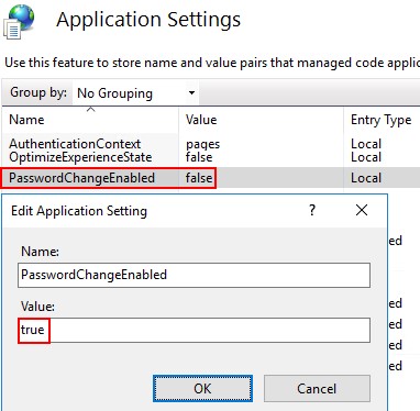 Select the option named "PasswordChangeEnabled" and change its value to "true".