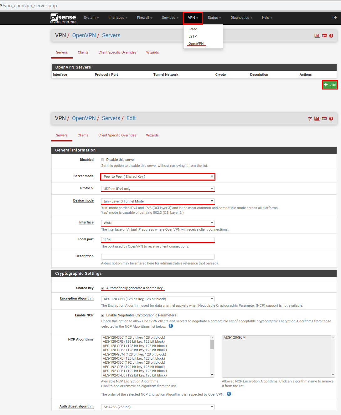 Screenshot: configuring site-to-site vpn - servers edit
