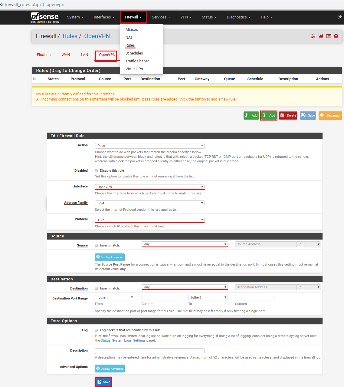 Screenshot: configuring site-to-site vpn - openvpn rules