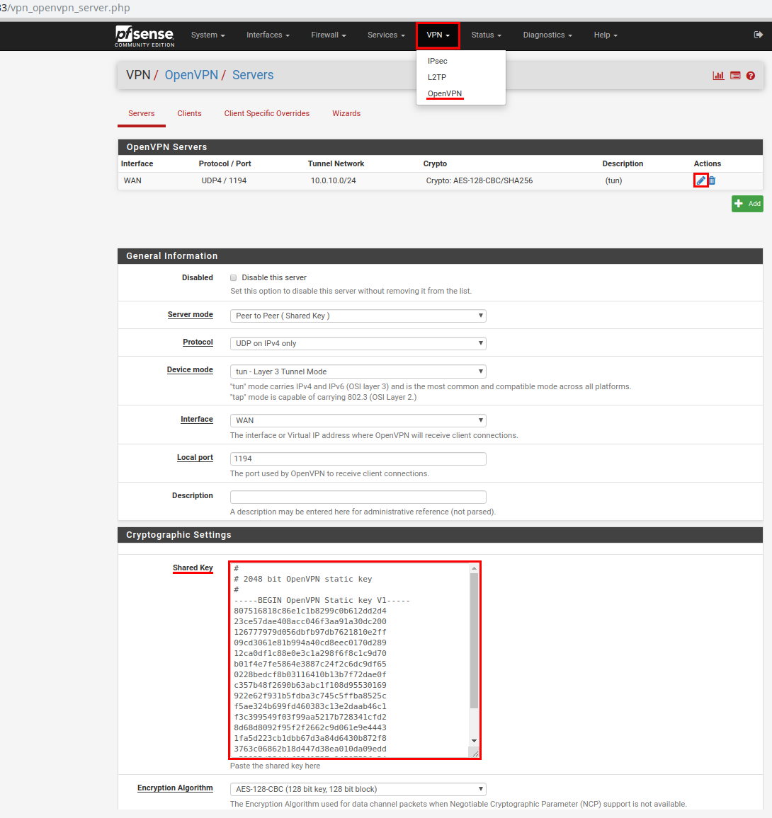 Screenshot: configuring site-to-site vpn - vpn to openvpn