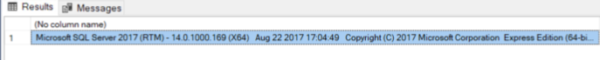 The Results window displays the version of SQL Server