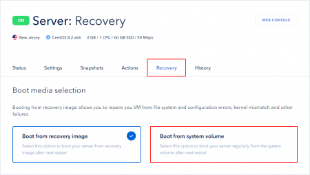 Recovery tab in the control panel Serverspace