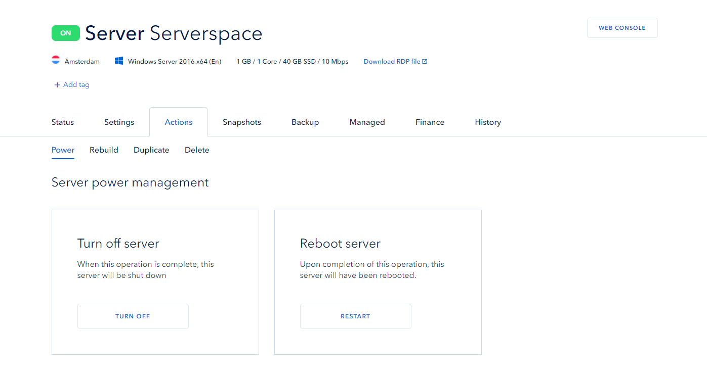 "Actions" section in Serverspace control panel