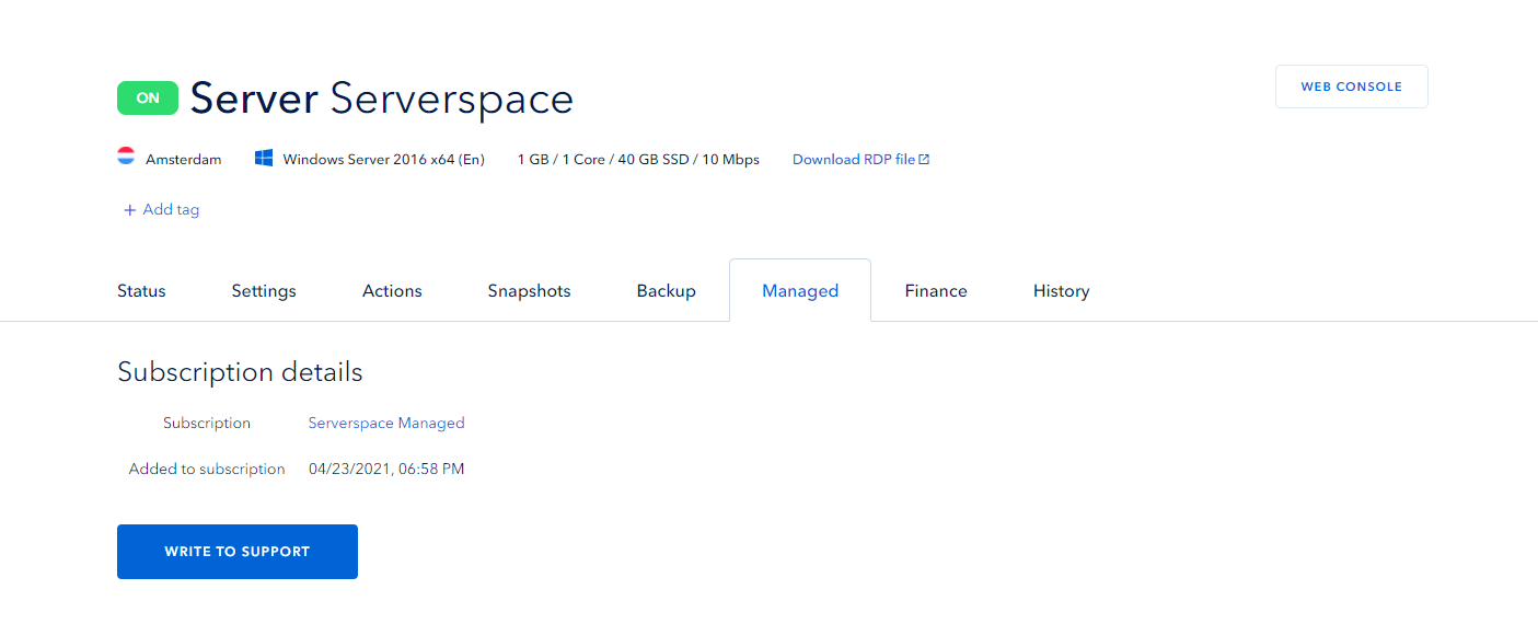 "Managed" section in Serverspace control panel