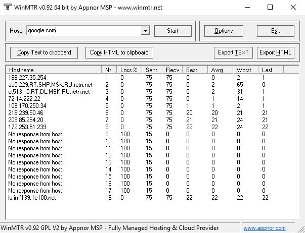 Diagnosing Network Connection Using WinMTR on Windows Server 2019