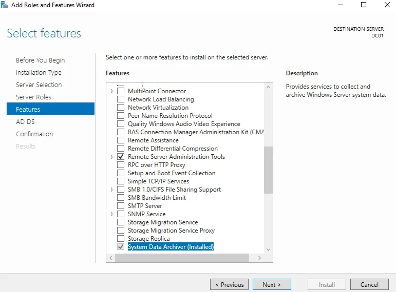 Select features Active Directory