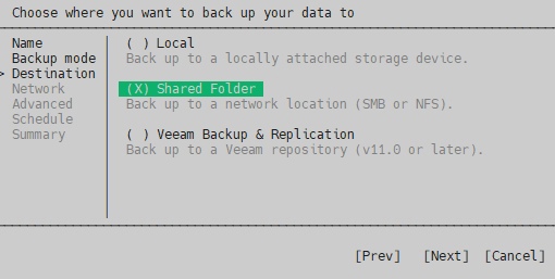 Destination for the system backup - Shared Folder