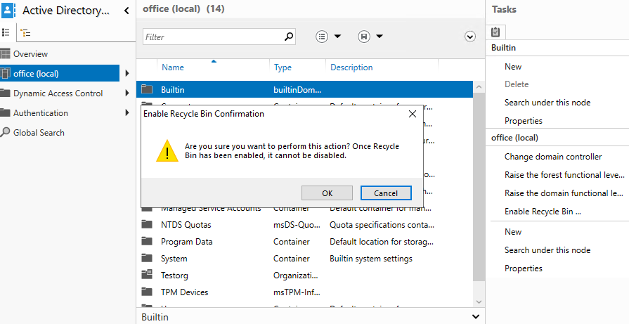 How to Enable Recycle Bin in AD Administrative Center