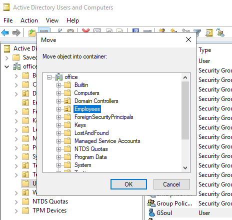 Moving a User Account via Active Directory Users and Computers(ADUC)