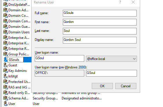 Renaming a User Account via Active Directory Users and Computers
