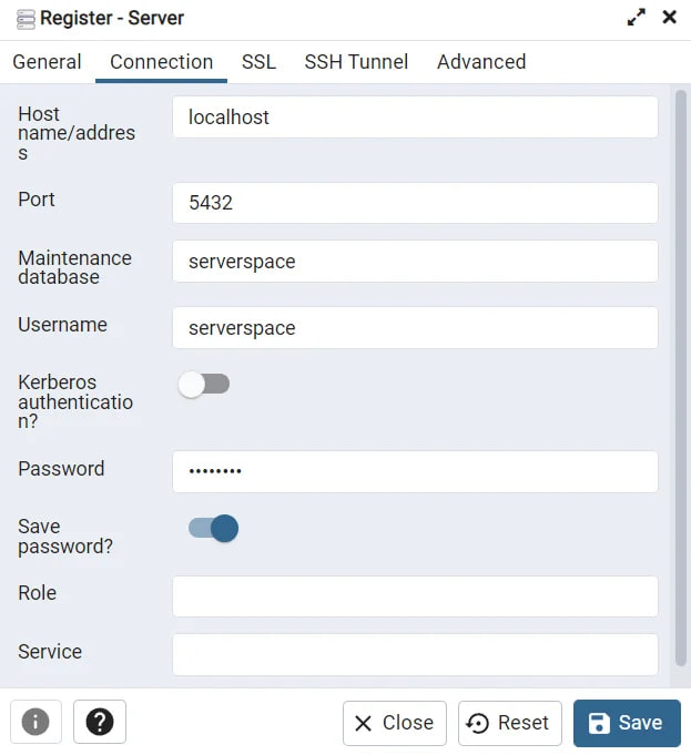 Filling in the fields for connecting to the database