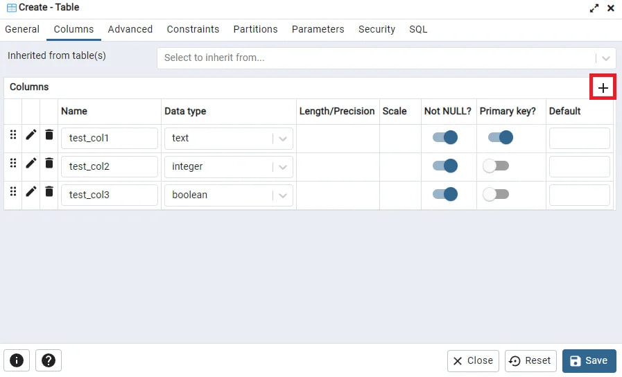 Creating columns in the table