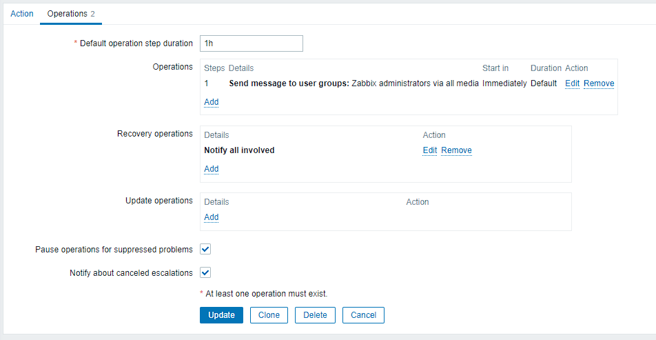 Adding operations tu Zabbix