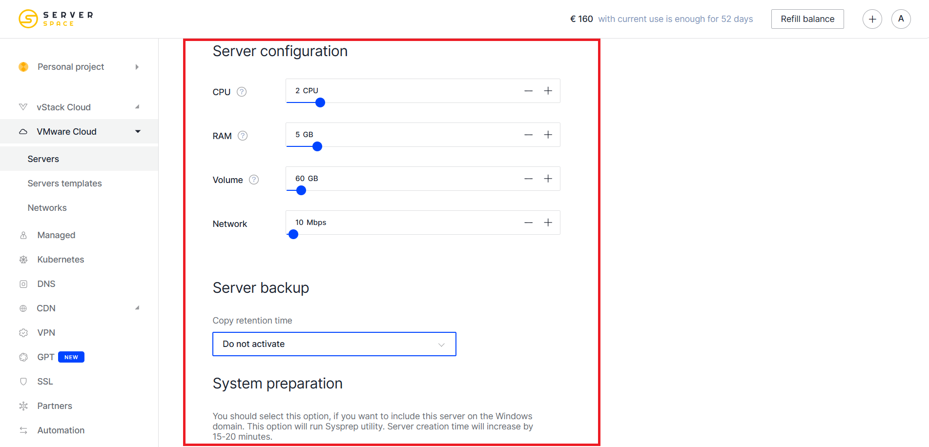 VMware server settings