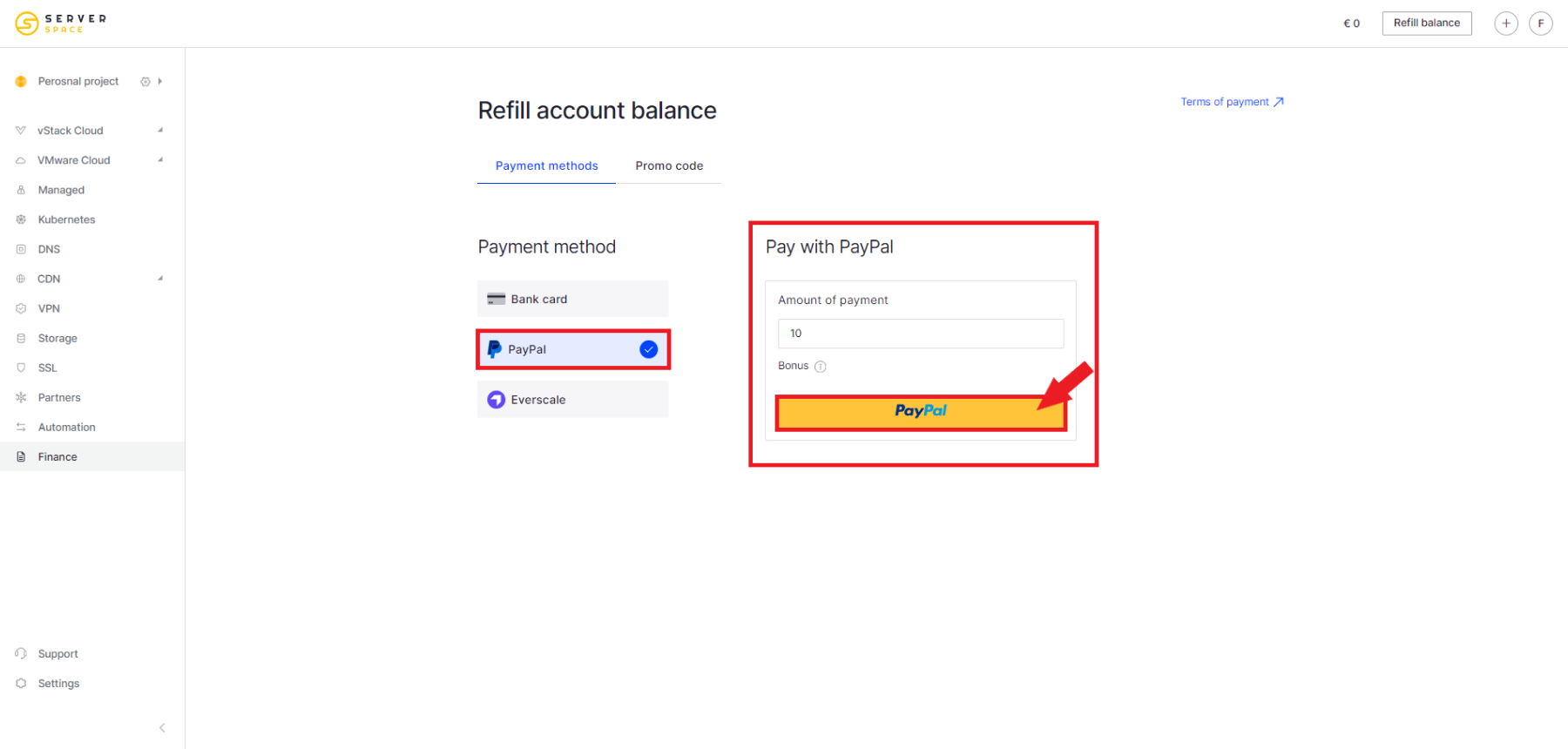 Refill balance by PayPal IO