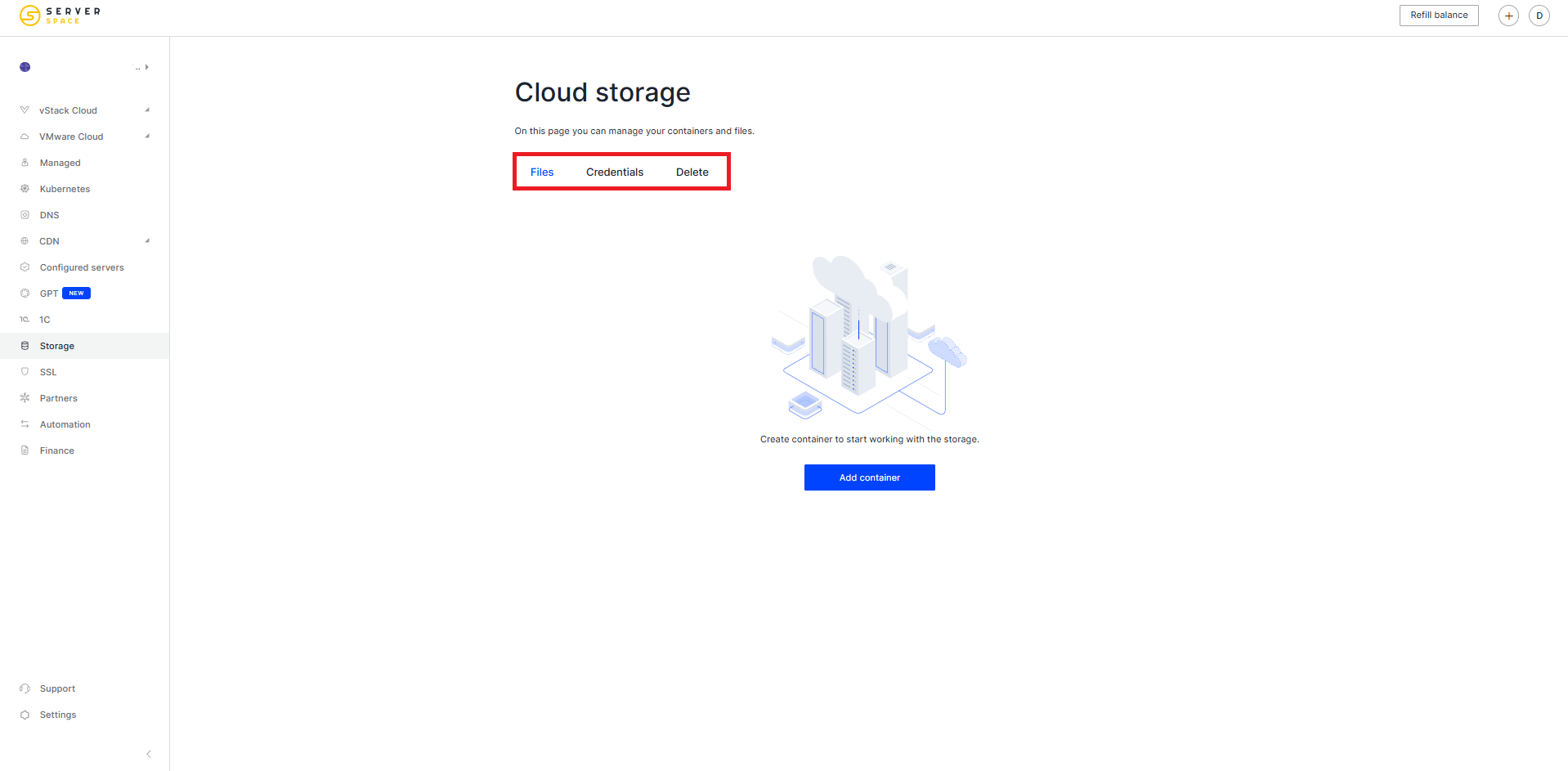 Cloud storage menu